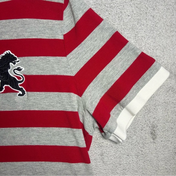 Express Polo Shirt Men’s XL Red Gray Striped Rugby Style Embroidered Lion Crest - Picture 3 of 11